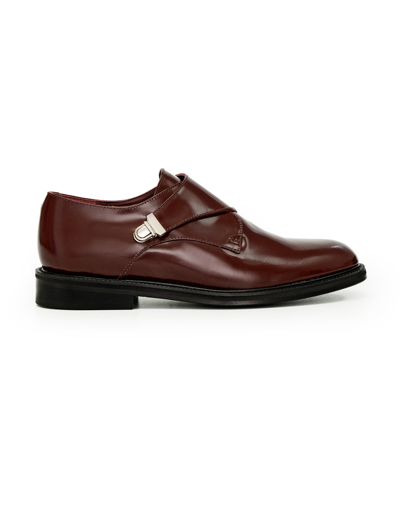 Burgundy glossed leather women CWEN monk shoe, burgundy colour calf lining, leather sole, side view