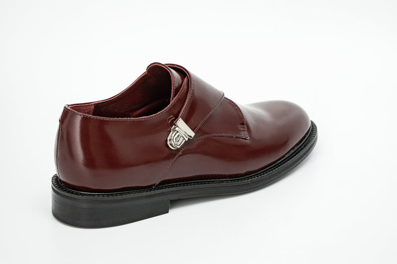 Burgundy glossed leather women CWEN monk shoe, burgundy colour calf lining, leather sole, back view