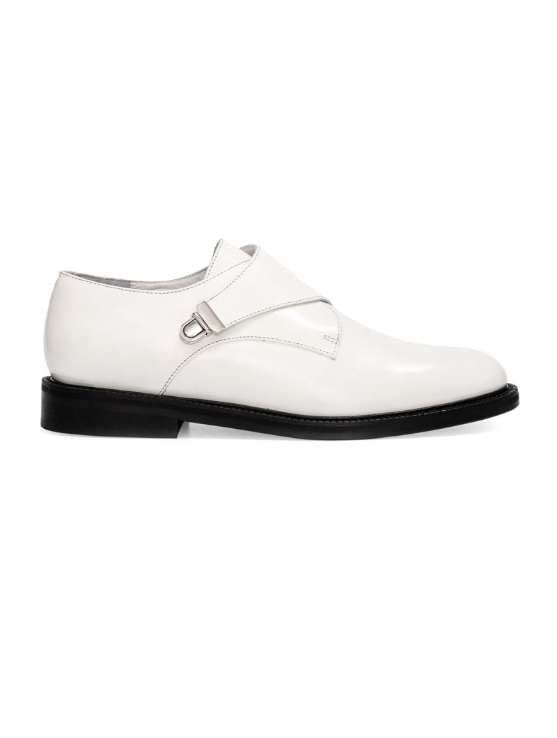 Off white glossed leather women CWEN monk shoe, off white colour calf lining, leather sole, side view