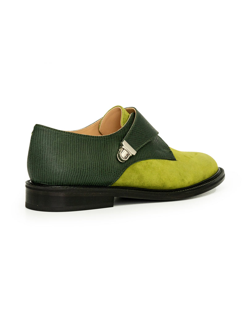 Green suede women single monk CWEN shoes, light colour calf lining, leather sole, back view