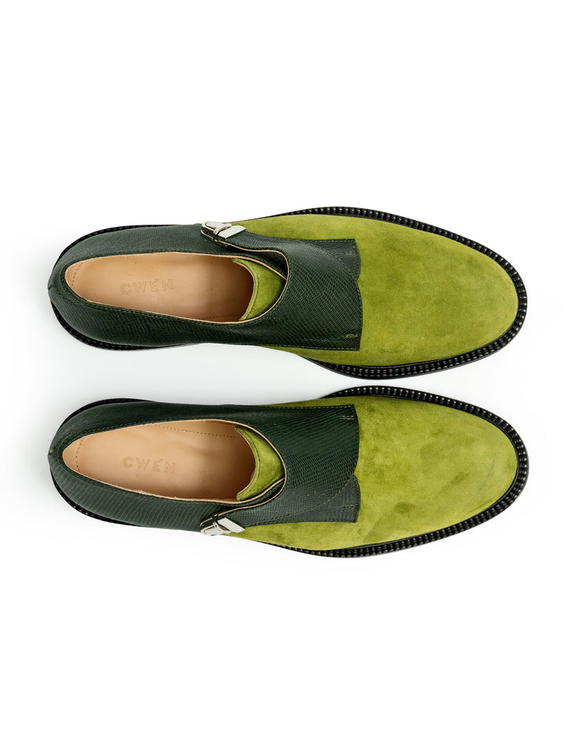Green suede women single monk CWEN shoes, light colour calf lining, leather sole, top view