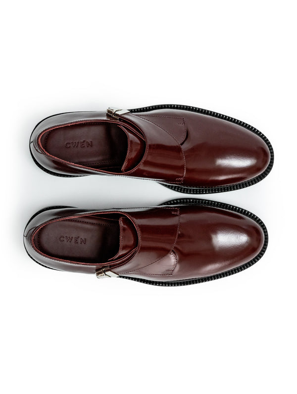 Burgundy glossed leather women CWEN monk shoes, burgundy colour calf lining, leather sole, top view
