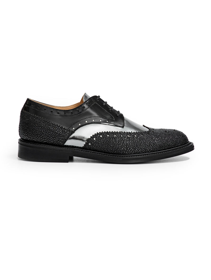 CWEN black lace up brogue shoe in silver and caviar leather, side view