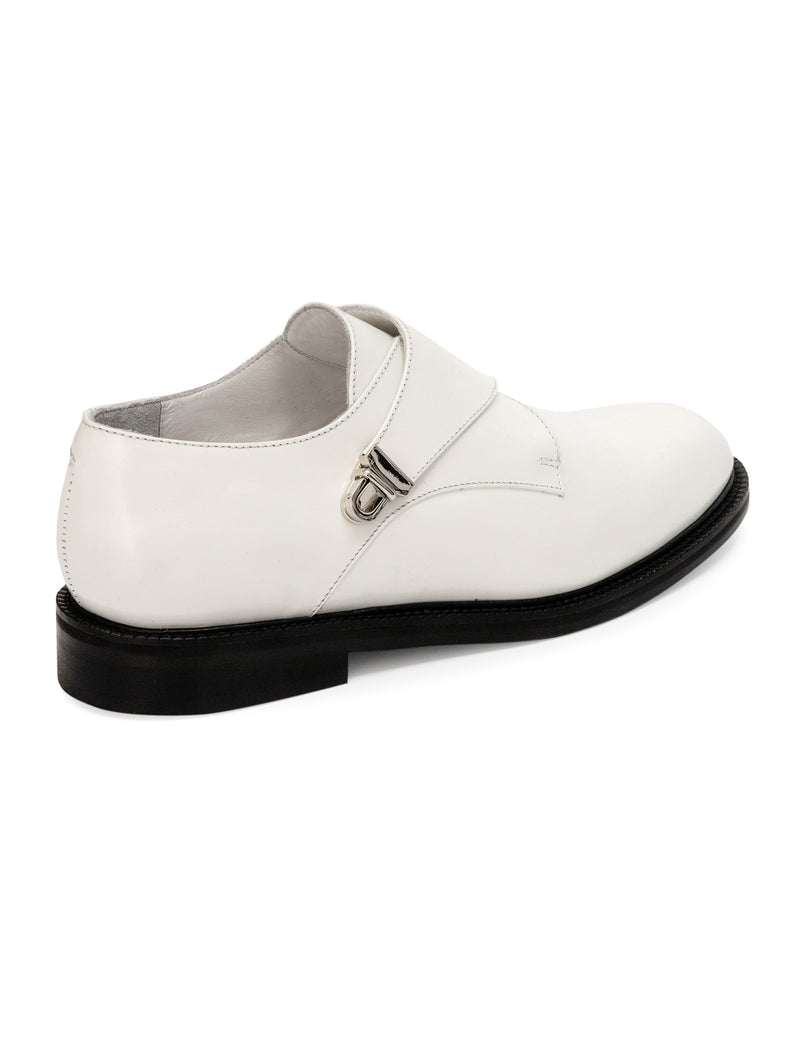 Off white glossed leather women CWEN monk shoe, off white colour calf lining, leather sole, back view