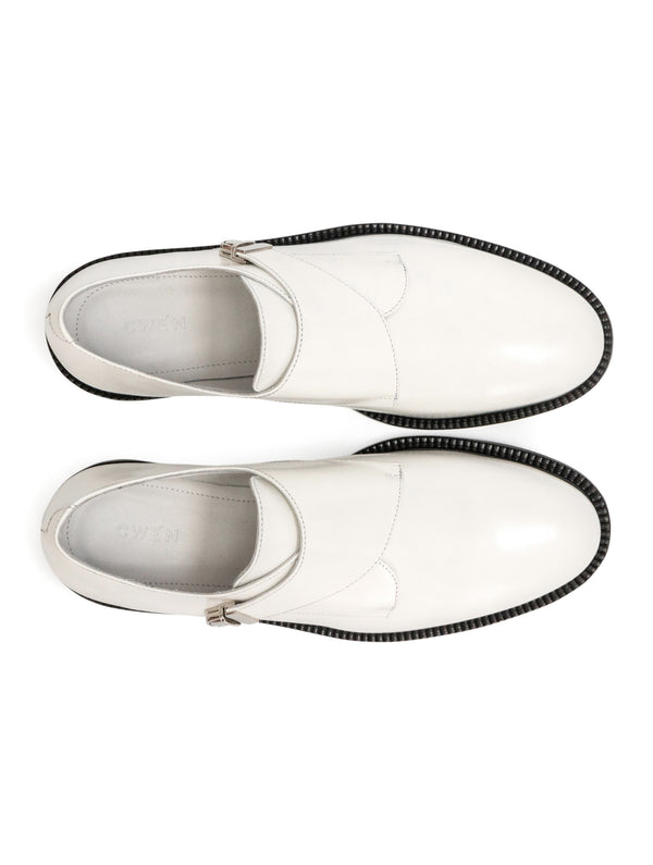 Off white glossed leather women CWEN monk shoes, off white colour calf lining, leather sole, top view