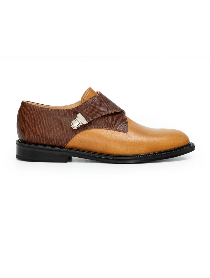 Tan colour leather women CWEN monk shoe, light colour calf lining, leather sole, side view