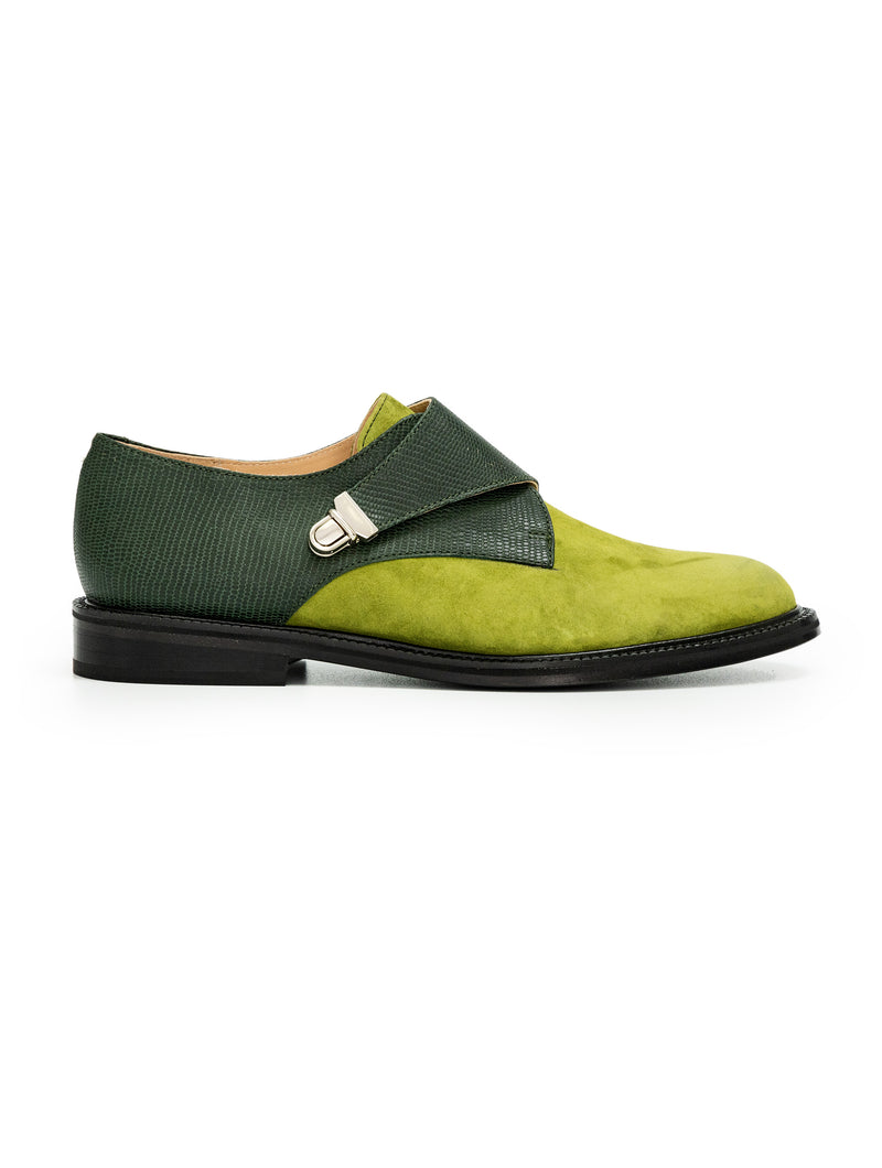 Green suede women single monk CWEN shoe, light colour calf lining, leather sole, side view