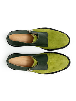 Green suede women single monk CWEN shoes, light colour calf lining, leather sole, top view