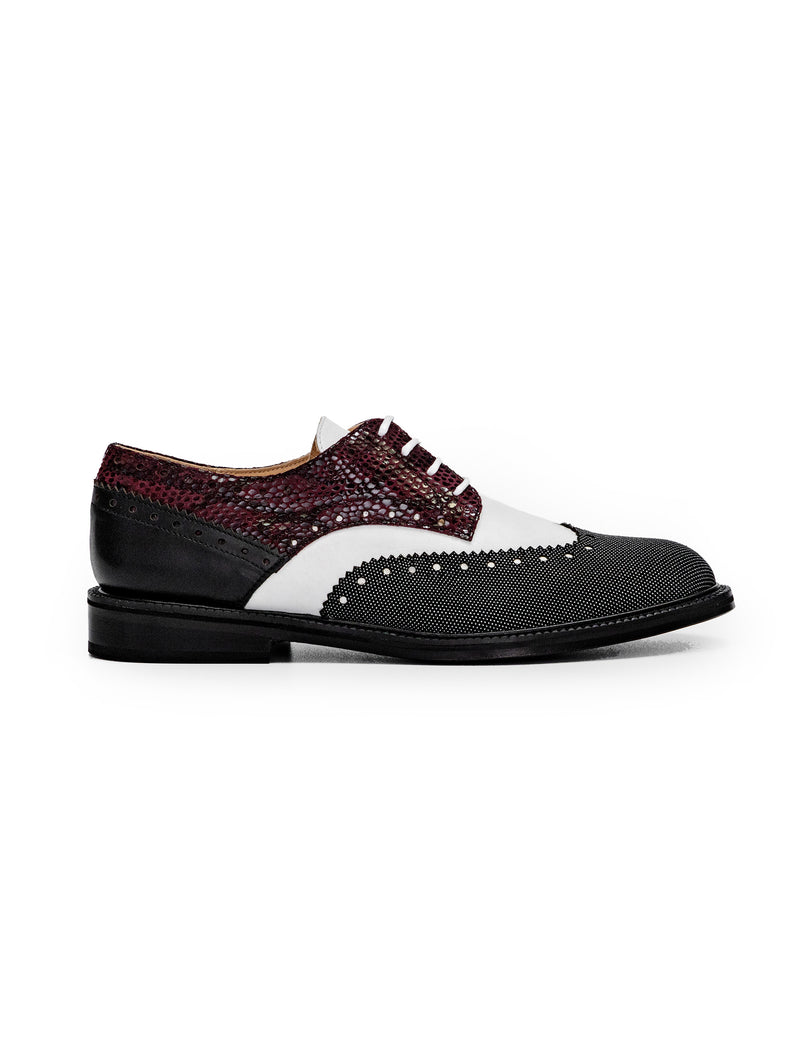 CWEN lace up brogue shoe in burgundy snake, white, black&white leather, side view