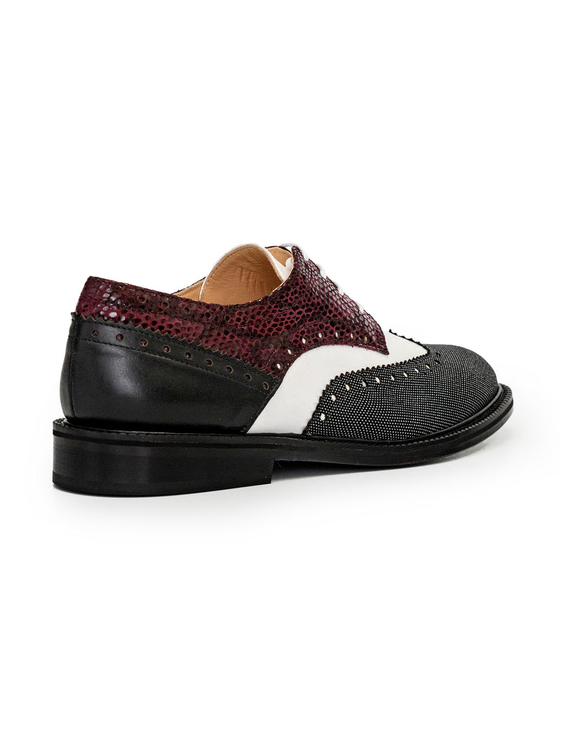 CWEN lace up brogue shoe in burgundy snake, white, black&white leather, back view
