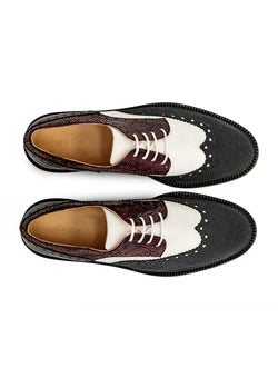 CWEN lace up brogue shoes in burgundy snake, white, black&white leather, top view