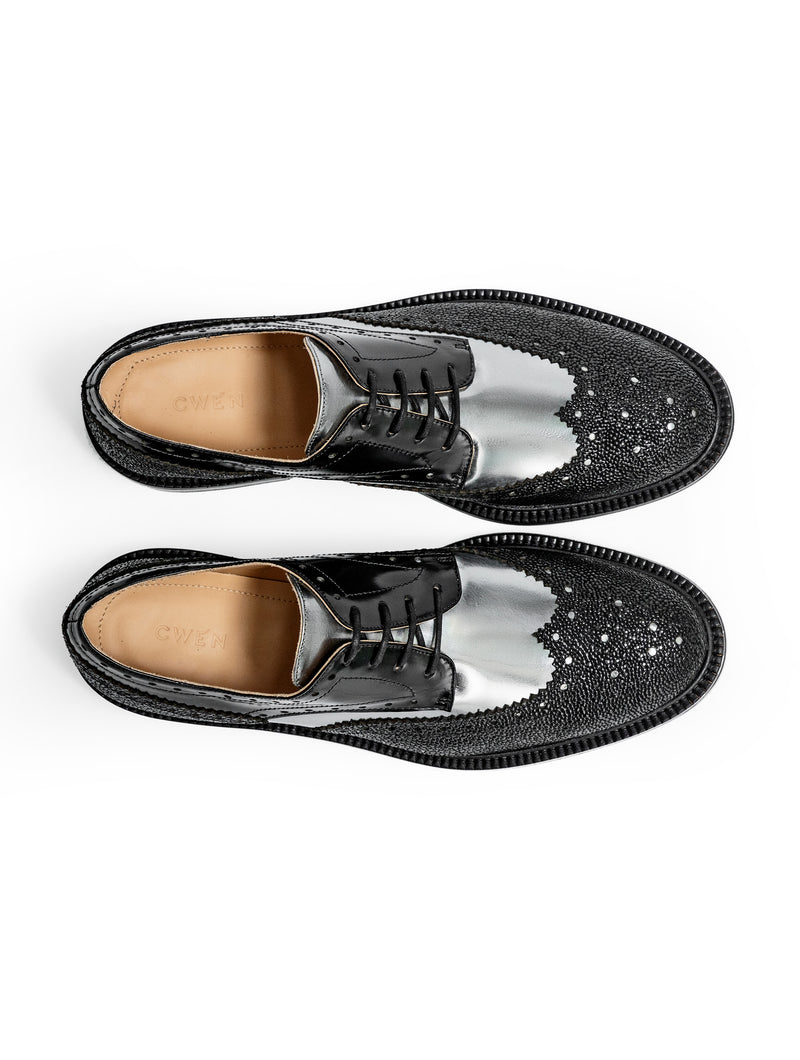 CWEN black lace up brogue shoes in silver and caviar leather, top view