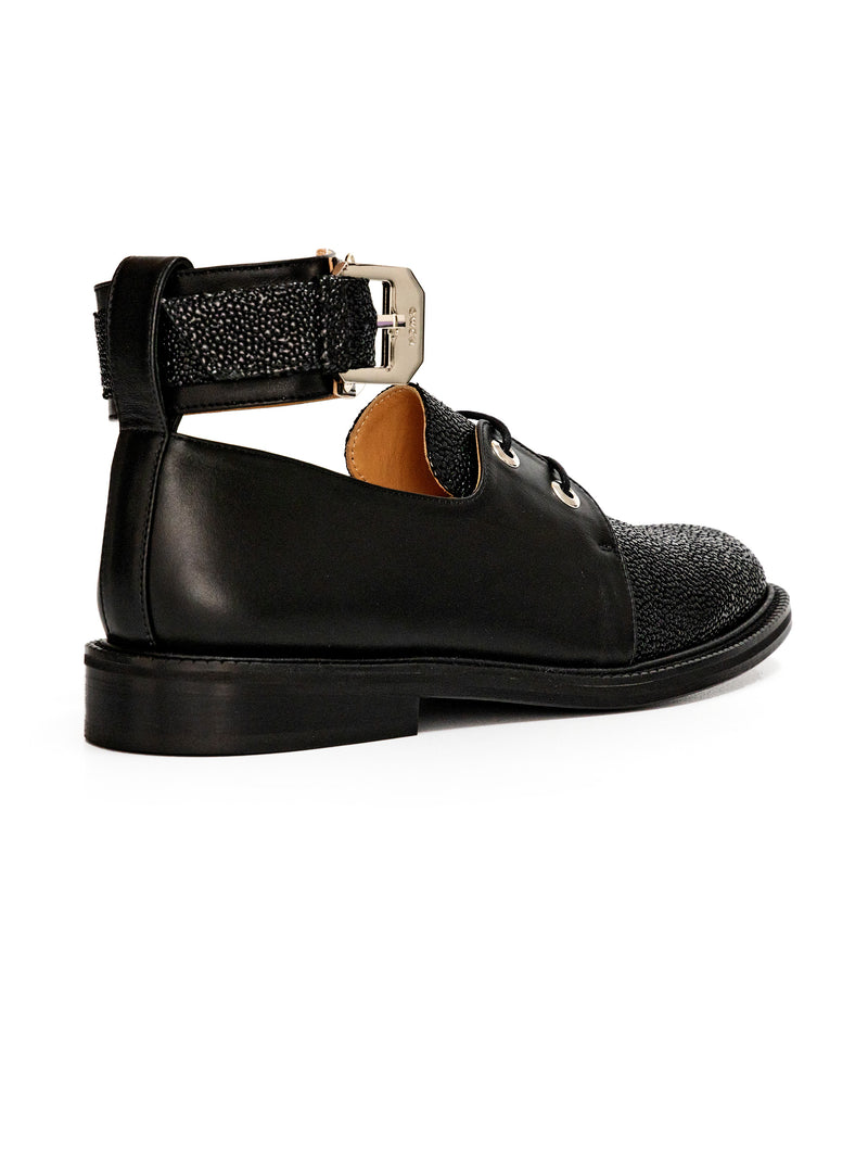 CWEN lace up shoe in black calf and black caviar leather, with detachable ankle strap and large silver buckle back view