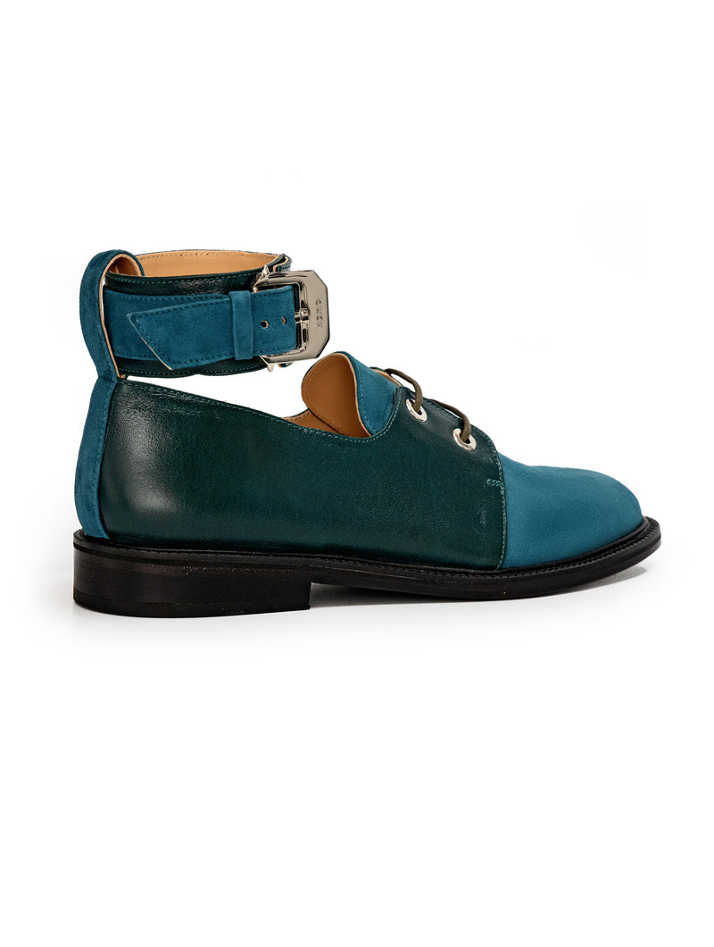 CWEN lace up shoe in petrol suede leather, with detachable ankle strap and large silver buckle back view