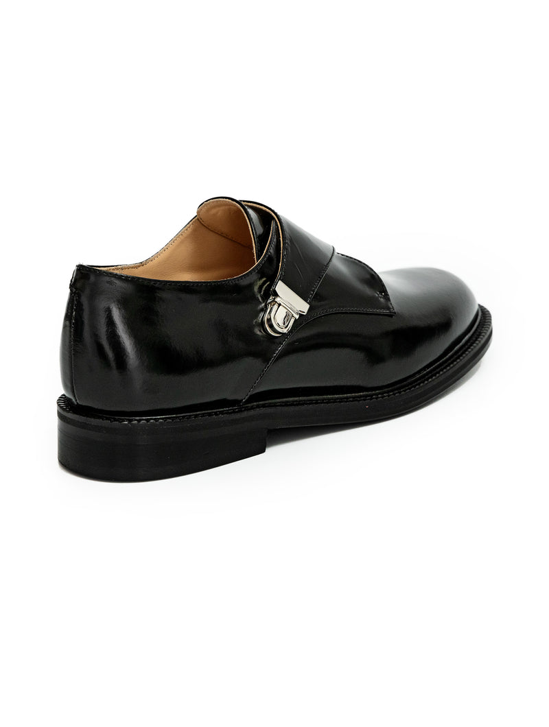 Black glossed leather CWEN monk shoe, light colour calf lining, leather sole, back view