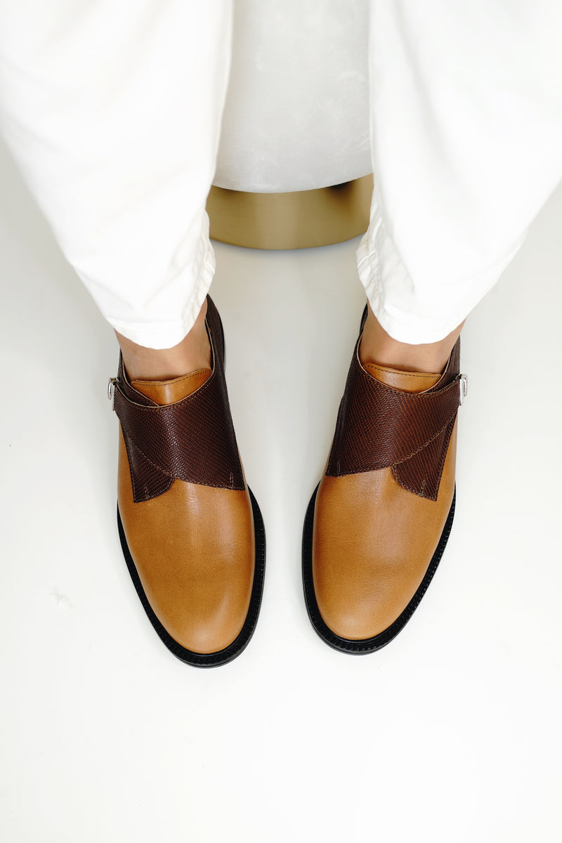 CWEN tan colour monk shoes on woman feet wearing white trousers